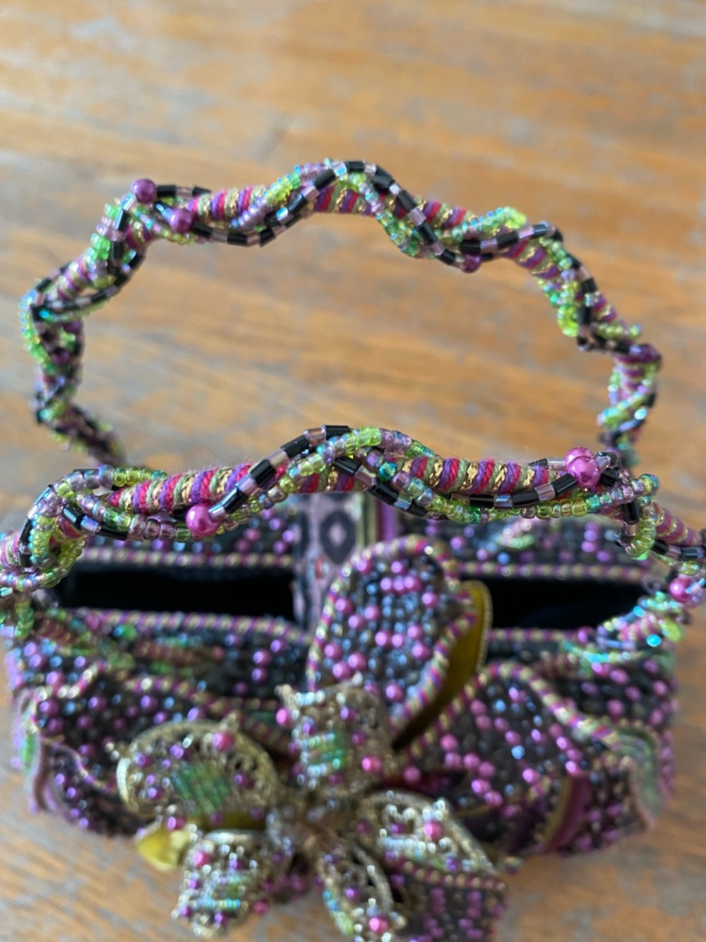 Mary Frances Hand Beaded 3D Floral Handle Evening Bag in Purple & Green - Picture 3 of 10